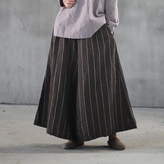 new khaki striped women linen casual pants baggy big hem wide leg pants - Omychic