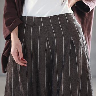 new khaki striped women linen casual pants baggy big hem wide leg pants - Omychic