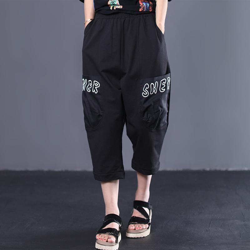 new loose large size literary letter stickers elastic waist wild casual pants - Omychic