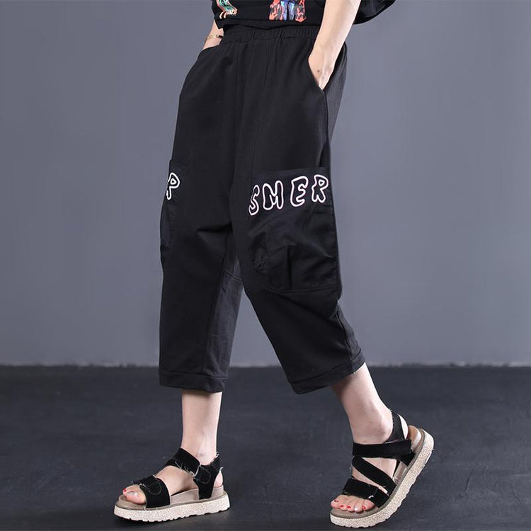 new loose large size literary letter stickers elastic waist wild casual pants - Omychic