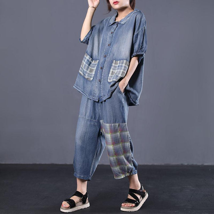 new loose literary wash old stitching denim two pieces - Omychic
