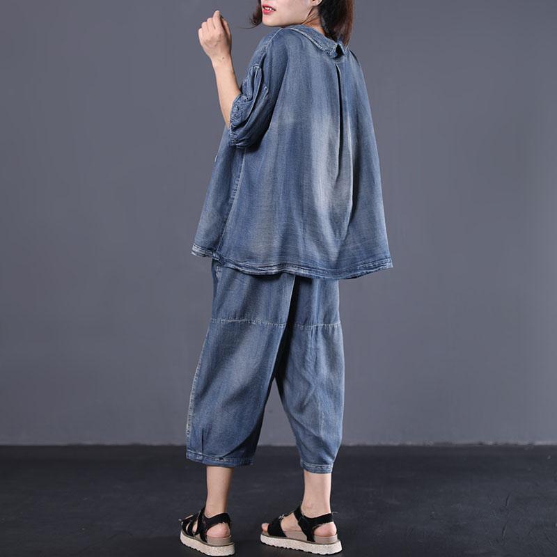 new loose literary wash old stitching denim two pieces - Omychic