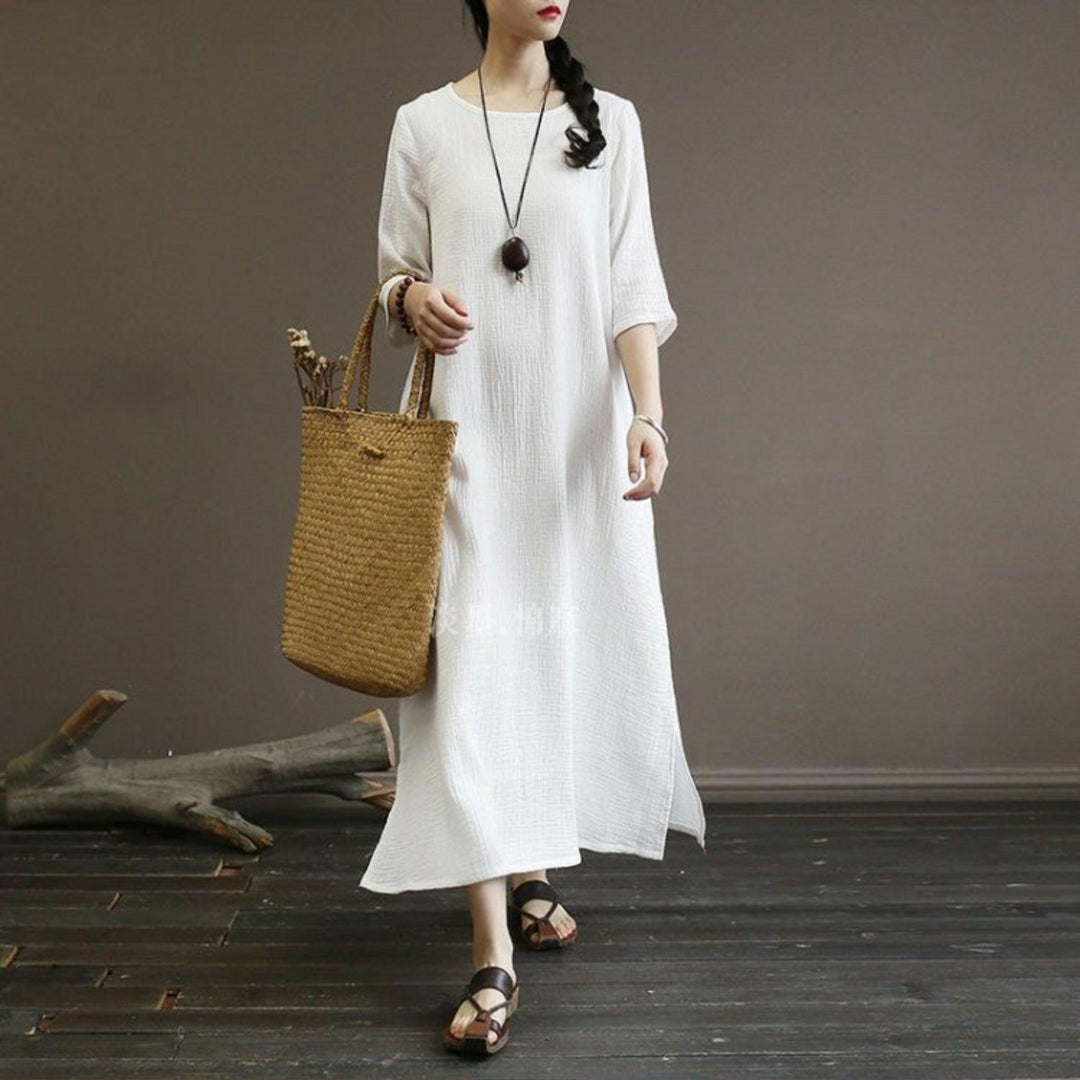 new o neck cottonn blended half sleeve side open women white summer long dress - Omychic
