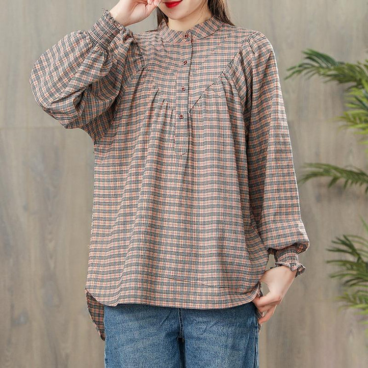 new pink plaid cotton blouse casual loose long sleevel tops - Omychic