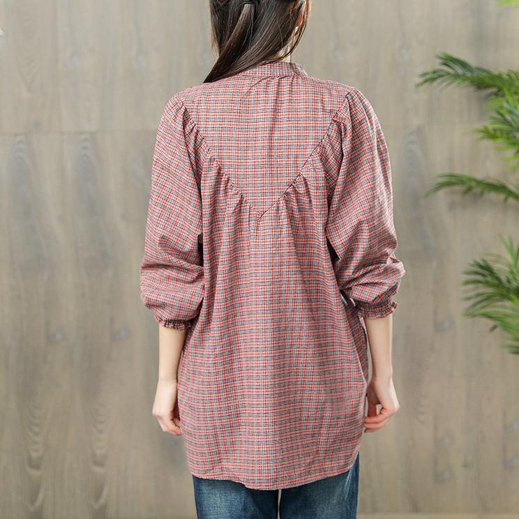 new pink plaid cotton blouse casual loose long sleevel tops - Omychic