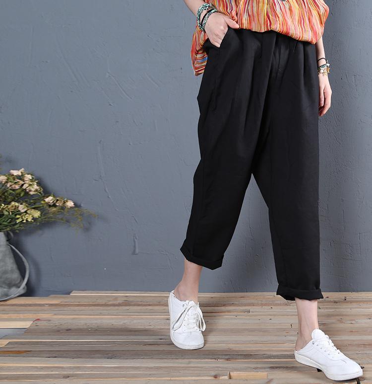 new summer black linen pockets pants women elastic waist straight pants - Omychic