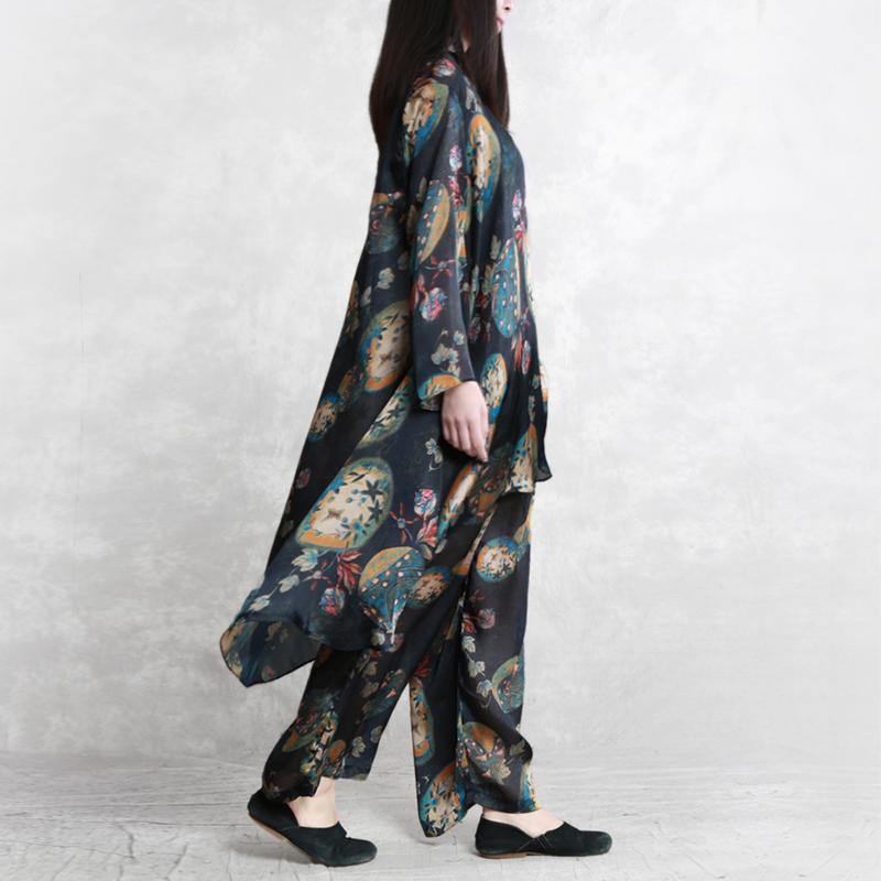 new summer black prints silk asymmetric hem long tops and casual wide leg pants 2019 two pieces - Omychic