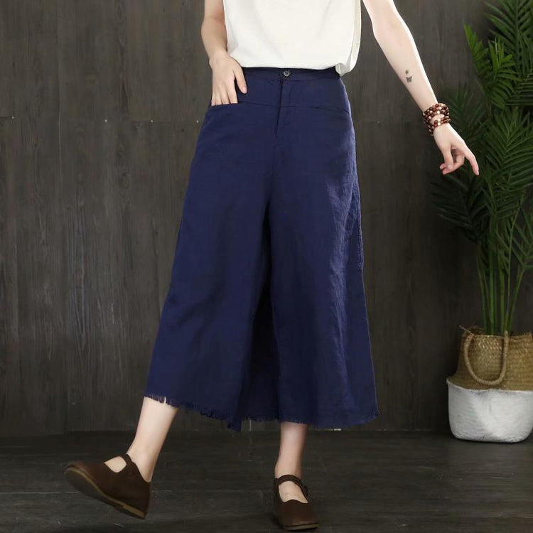 new summer slim linen blue crop pants loose women wide leg pants - Omychic