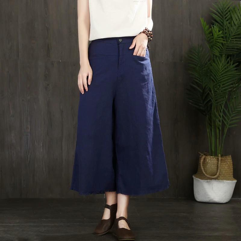 new summer slim linen blue crop pants loose women wide leg pants - Omychic