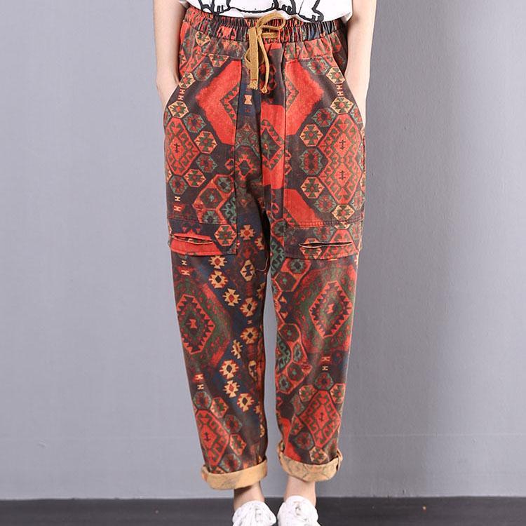 new women red prints casual pants vintage loose ripped harem pants - Omychic