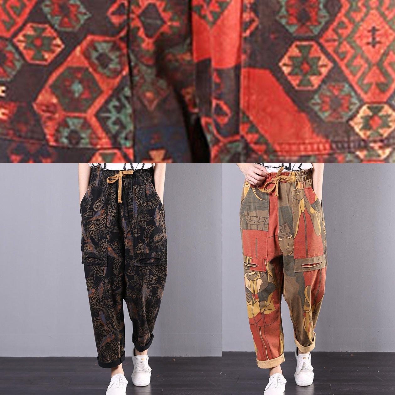 new women red prints casual pants vintage loose ripped harem pants - Omychic