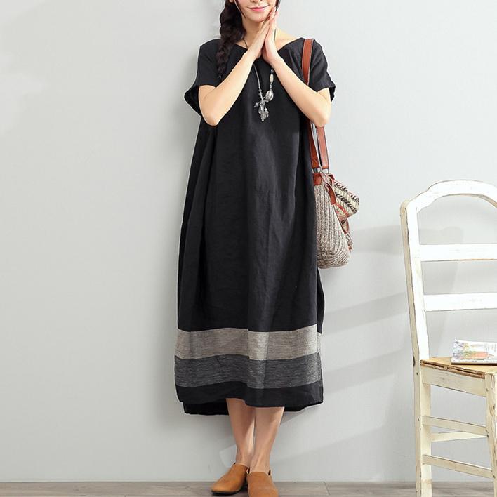 new 2017 black linen dresses plus size summer maxi dress short sleeve sundress - Omychic