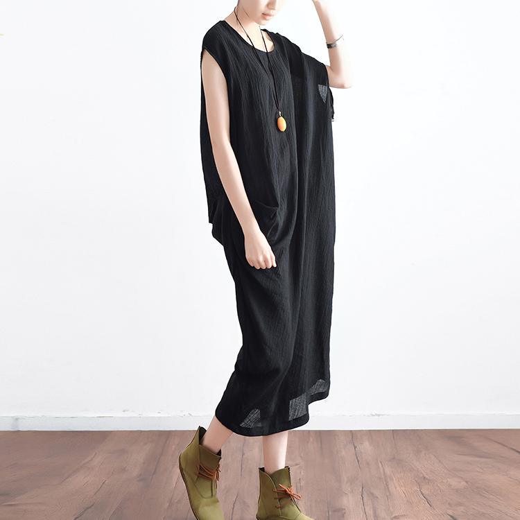 new 2017 black linen sundress oversize asymmetric maxi dress sleeveless sundress - Omychic