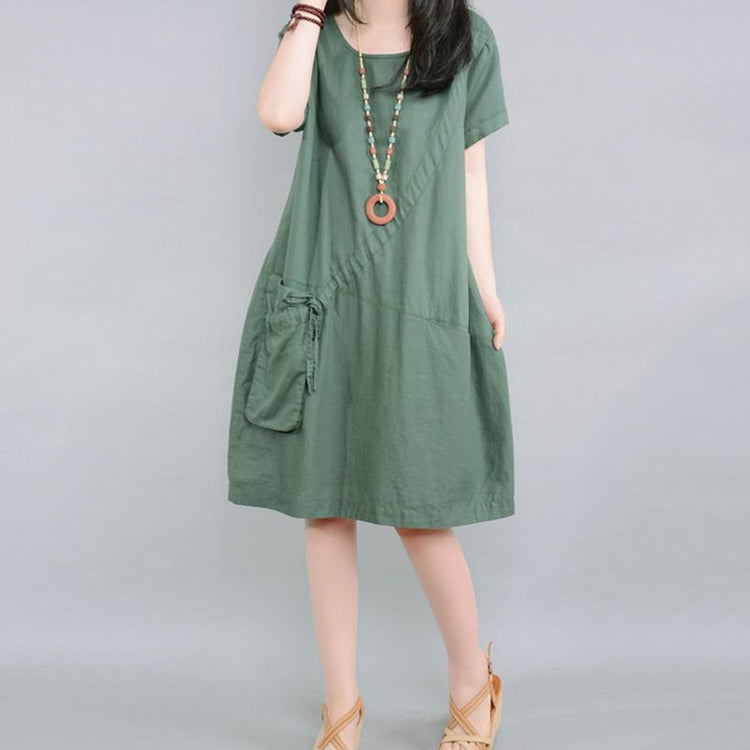 new 2017 patchwork green cotton linen dresses baggy loose traveling dress - Omychic