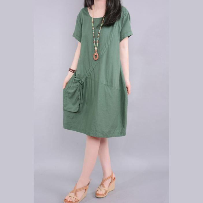 new 2017 patchwork green cotton linen dresses baggy loose traveling dress - Omychic