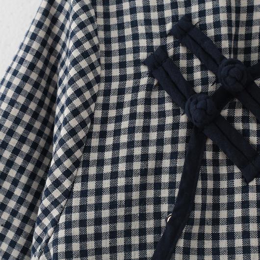 new 2018 blue white plaid linen dresses vintage Chinese Button half sleeve dress - Omychic