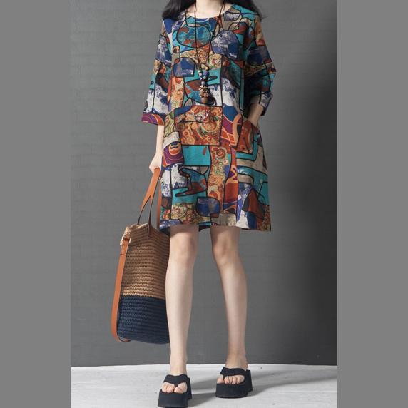 new asymmetric prints linen sundress oversize women blouse o neck shift dress - Omychic
