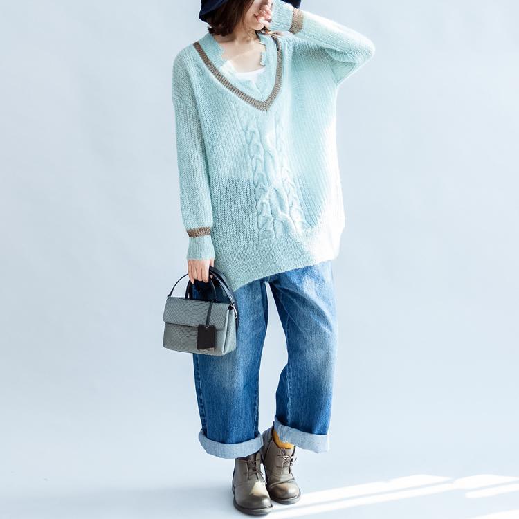 new aumtumn  light blue warm woolen sweater oversized knit tops - Omychic