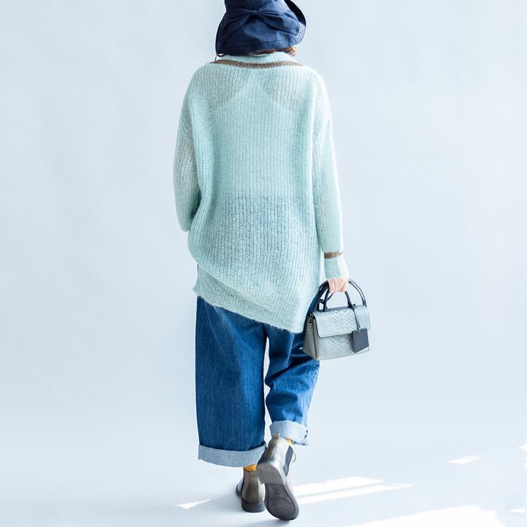 new aumtumn  light blue warm woolen sweater oversized knit tops - Omychic
