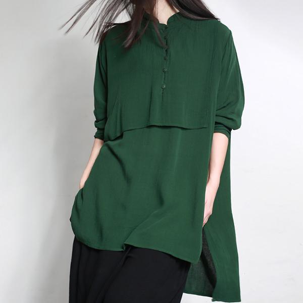 new autumn green casual cotton tops oversize side open cotton blouse - Omychic
