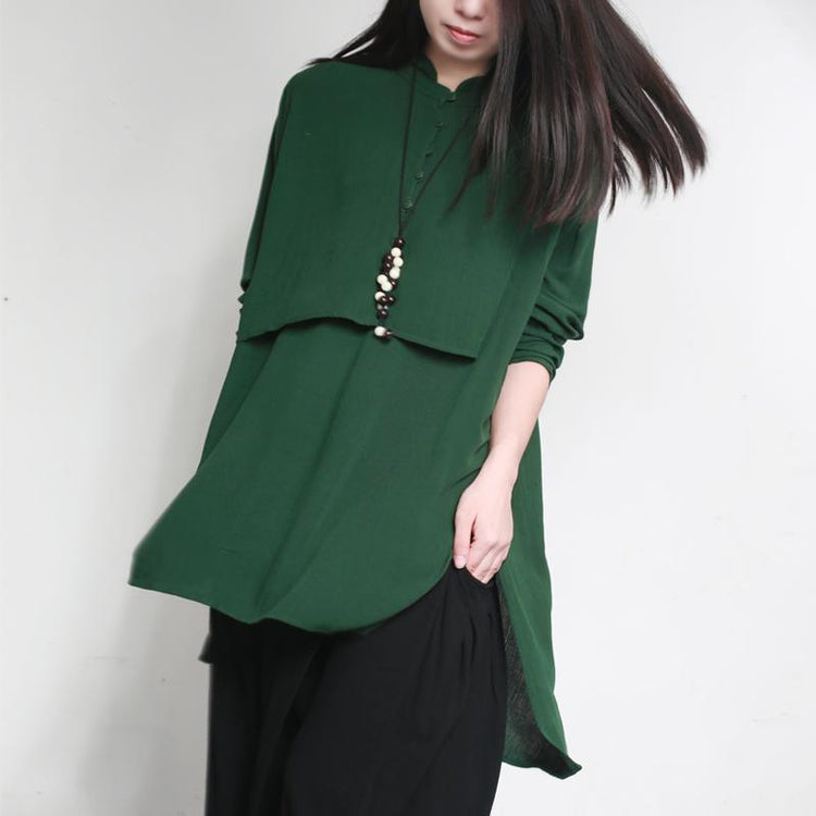 new autumn green casual cotton tops oversize side open cotton blouse - Omychic