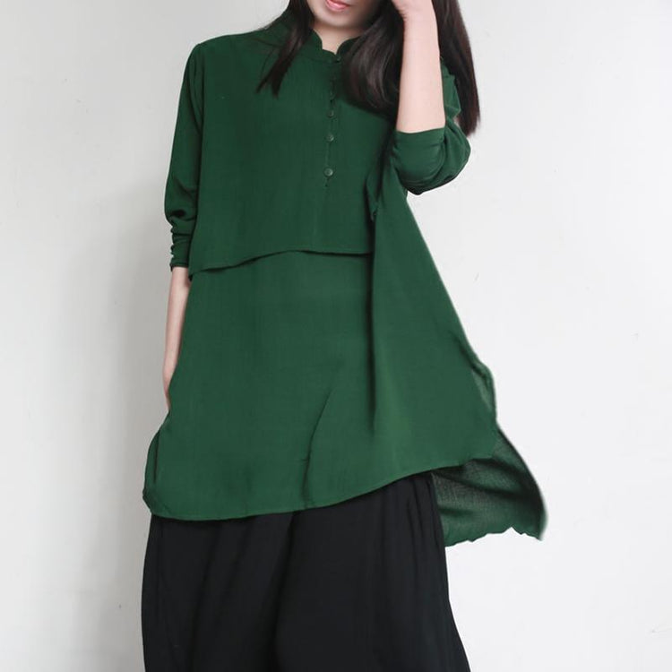 new autumn green casual cotton tops oversize side open cotton blouse - Omychic