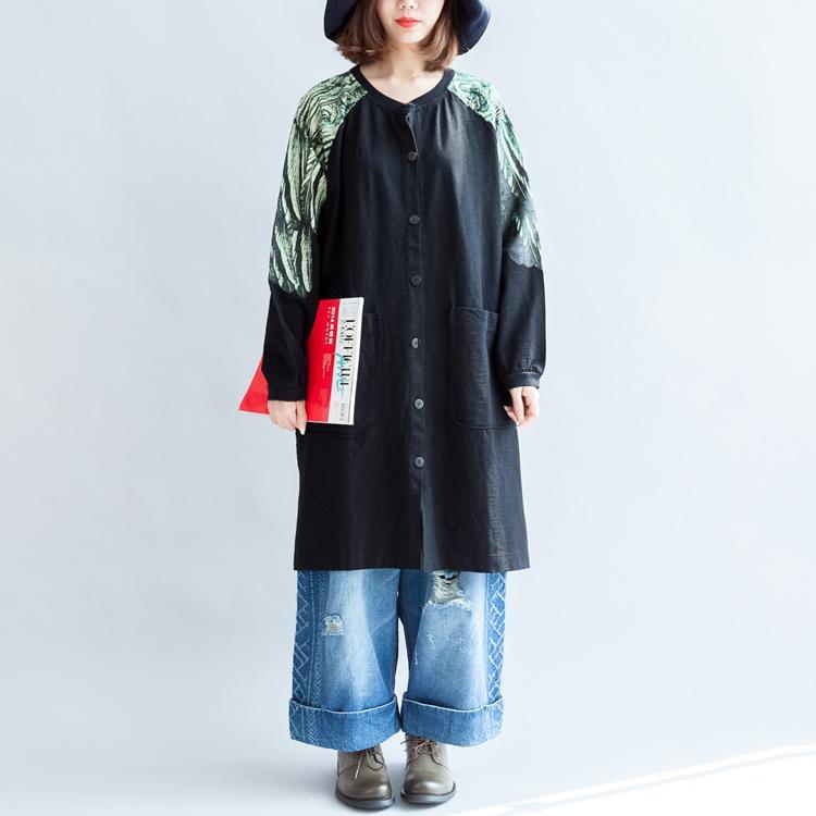 new autumn oversize patchwork green prints cotton outwear pockets casual coats - Omychic
