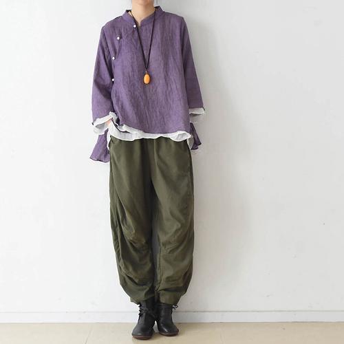 new autumn purple casual cotton bluse oversize long sleeve vintage blouse - Omychic