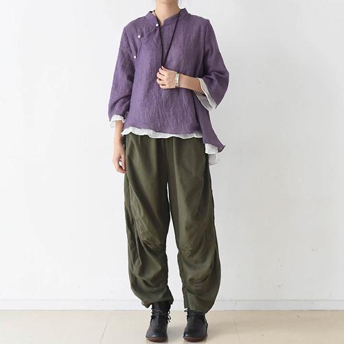 new autumn purple casual cotton bluse oversize long sleeve vintage blouse - Omychic