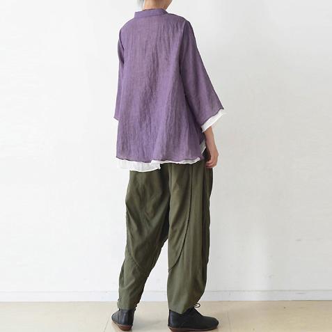 new autumn purple casual cotton bluse oversize long sleeve vintage blouse - Omychic