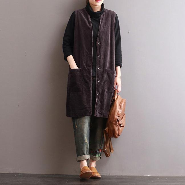 new autumn purple vintage solid corduroy waistcoat V neck casual long outwear - Omychic