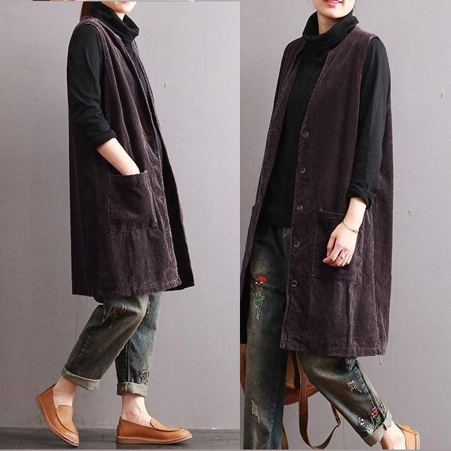 new autumn purple vintage solid corduroy waistcoat V neck casual long outwear - Omychic