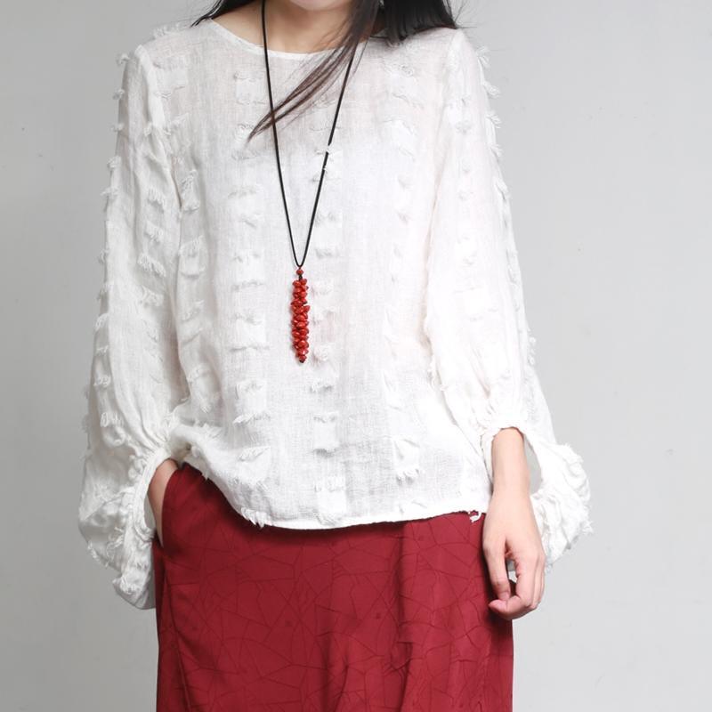 new autumn white jacquard linen tops fashion oversize cotton cute casual blouse - Omychic