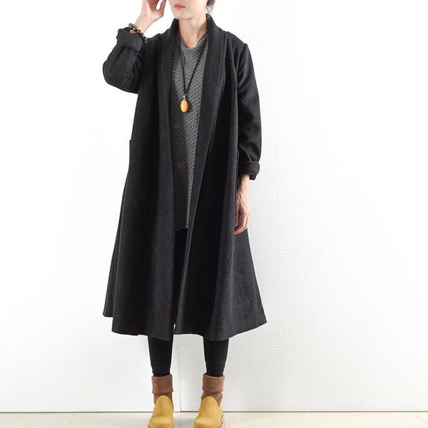 new autumn winter black woolen parka oversize thick maxi trench coats - Omychic