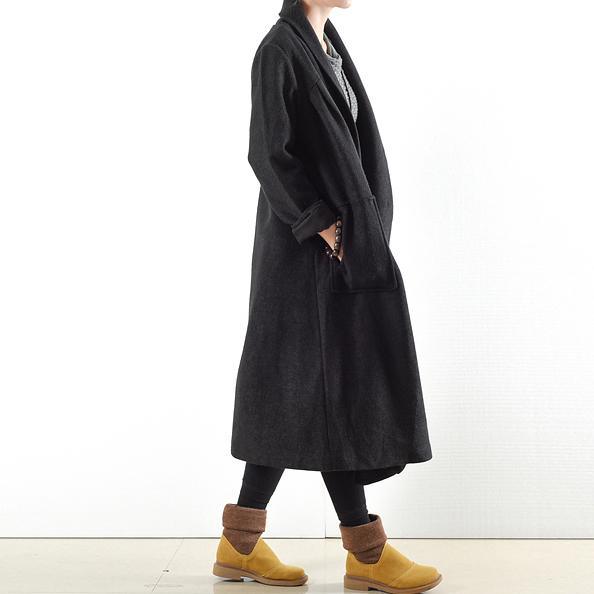 new autumn winter black woolen parka oversize thick maxi trench coats - Omychic