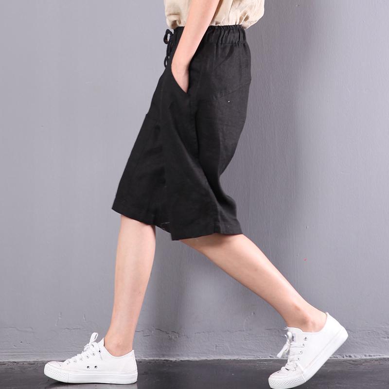 new baggy black loose linen pants embroidery slim shorts - Omychic