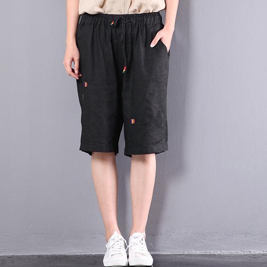 new baggy black loose linen pants embroidery slim shorts - Omychic