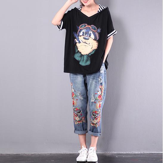 new baggy  cartoon print cotton black hooded blouse oversize t shirt - Omychic