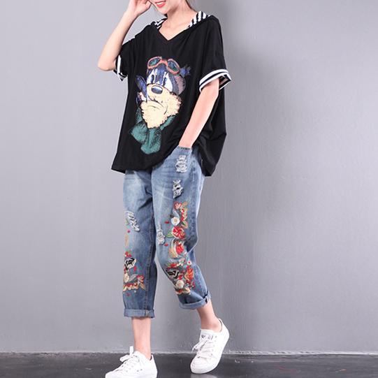 new baggy  cartoon print cotton black hooded blouse oversize t shirt - Omychic