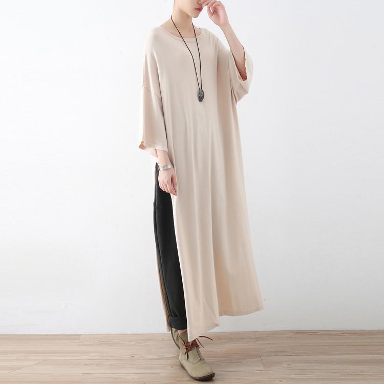 new beige fashion woolen knit dresses plus size vintage maxi sweaters dress side high open - Omychic