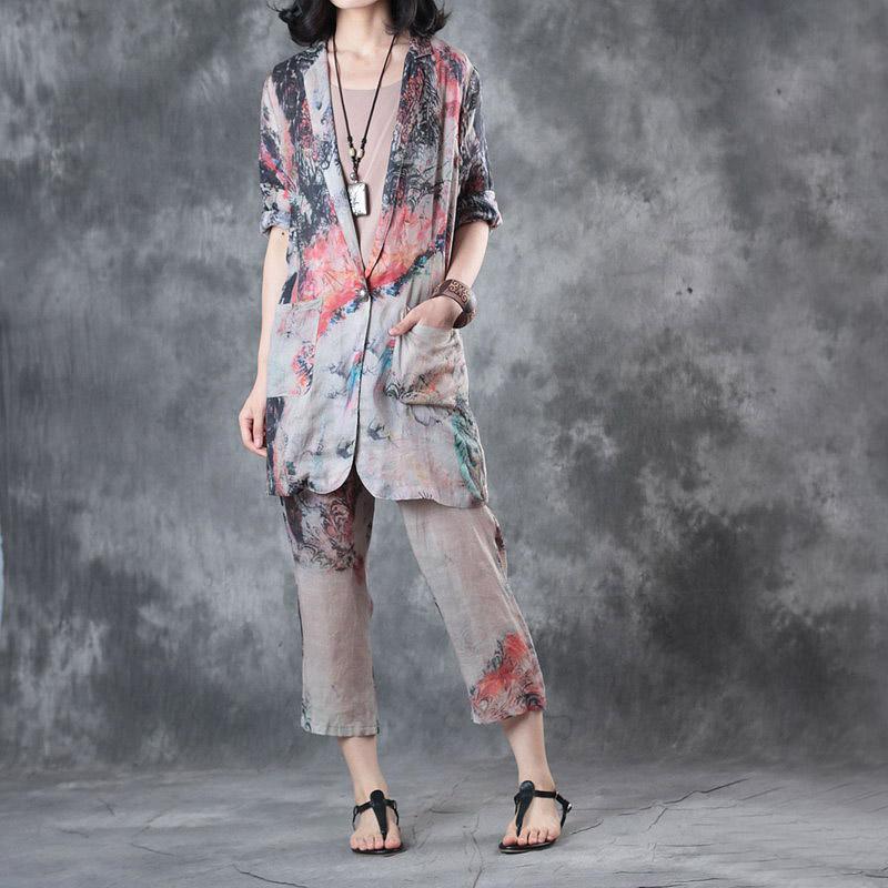 new bird print stylish linen blouse casual crop pants tops and pants two pieces - Omychic