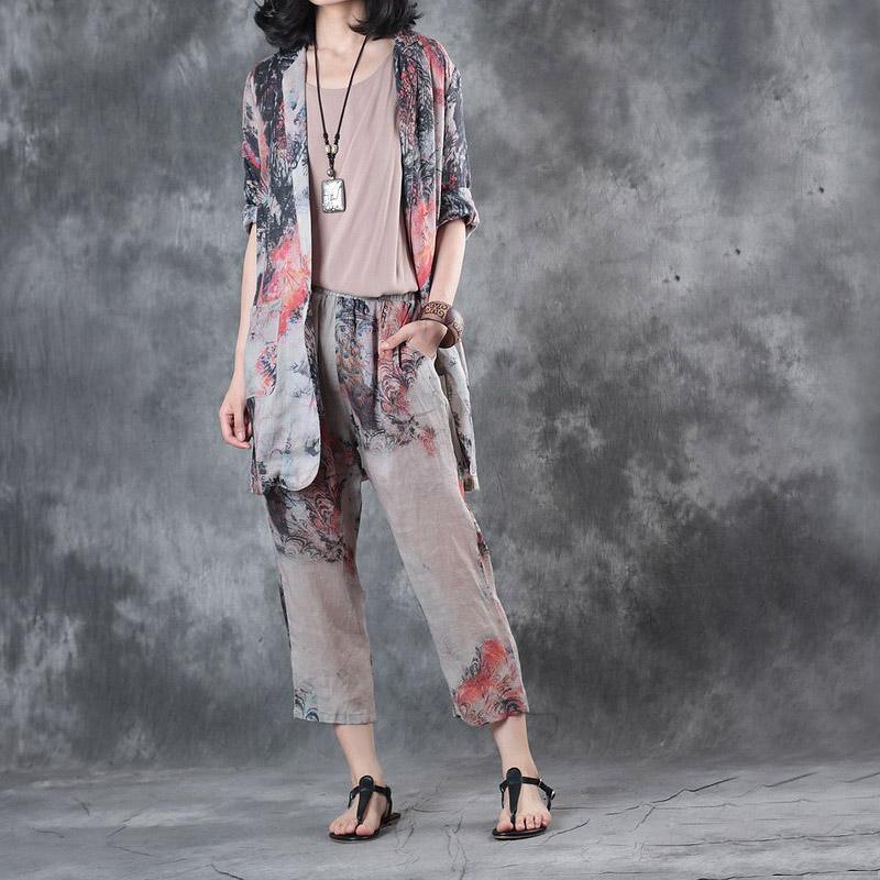 new bird print stylish linen blouse casual crop pants tops and pants two pieces - Omychic