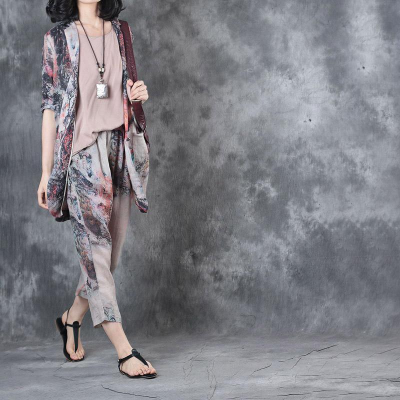 new bird print stylish linen blouse casual crop pants tops and pants two pieces - Omychic