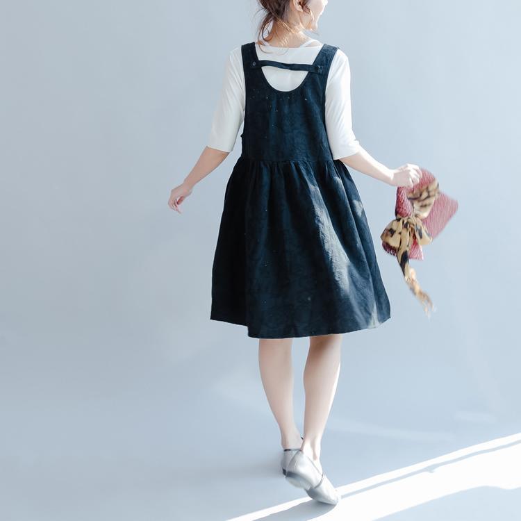 new black V neck summer dresses cotton embroidery loose sundress sleeveless peter pan dress - Omychic