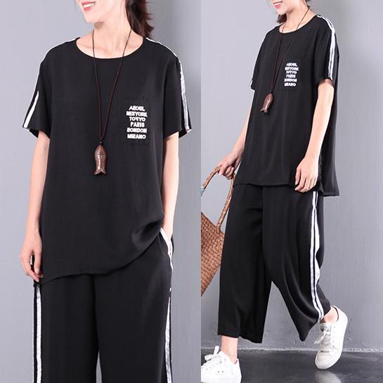 new black baggy loose chiffon short sleeve tops and casual slim crop pant two pieces - Omychic