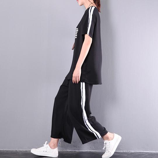 new black baggy loose chiffon short sleeve tops and casual slim crop pant two pieces - Omychic