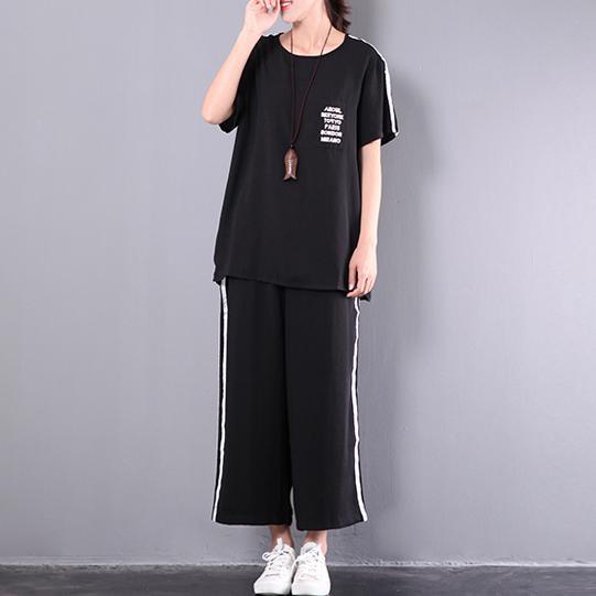 new black baggy loose chiffon short sleeve tops and casual slim crop pant two pieces - Omychic