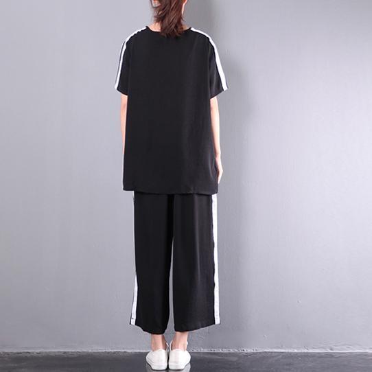 new black baggy loose chiffon short sleeve tops and casual slim crop pant two pieces - Omychic
