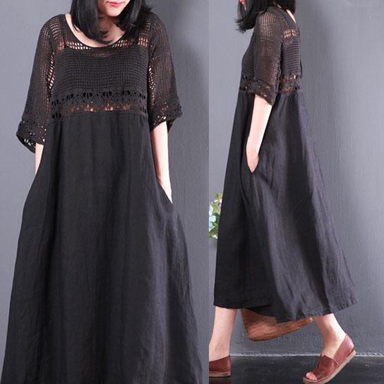 new black casual linen dresses baggy loose hollow out sundress short sleeve patchwork maxi dress - Omychic