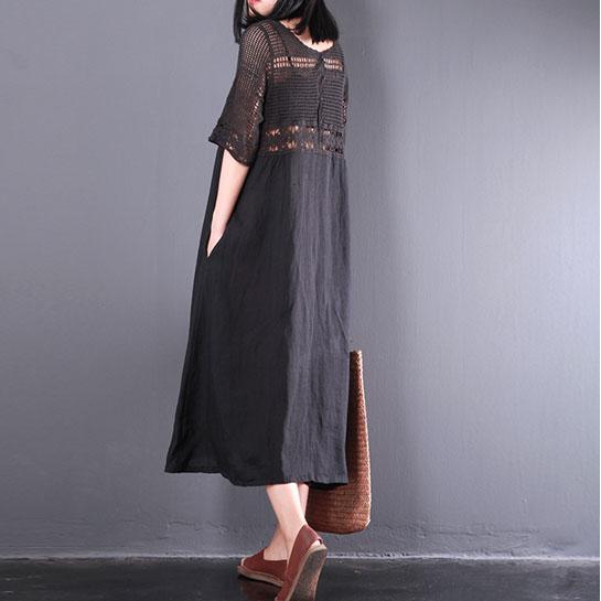 new black casual linen dresses baggy loose hollow out sundress short sleeve patchwork maxi dress - Omychic